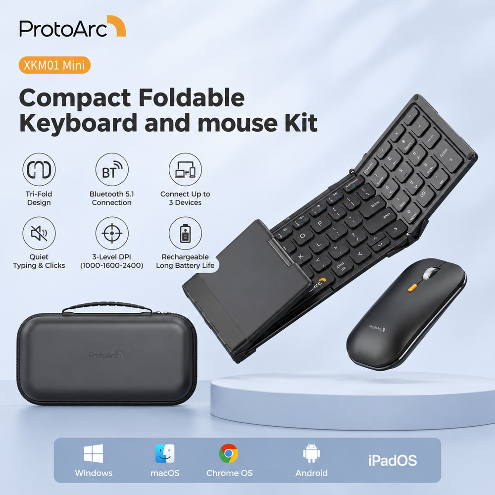 ProtoArc XKM01 Mini Foldable Bluetooth Keyboard Mouse Combo Case